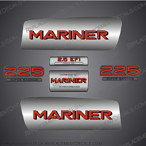 1998-2006 Mariner 225 2.5 Liter EFI Drag SS Super Magnum Decal Kit - Custom Red / Grey mariner, 225, 2.5, hp, 225hp, 225 hp, efi, super, mangnum, decals, boat, kit, stickers, custom, red, silver, 1998, 2006, hi-perfomance, built, alien, cowl, drag, ss,