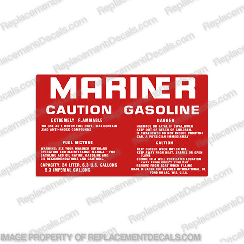 Mariner 6.3 gallon 24 liter fuel tank decal 1977-1992 outboard, engine, gas, fuel, tank, 24, liter, litre, 5.3, imperial, decal, sticker, replacement, new, 6 1/4, 6.3, 6, gal, 6.3gal, 6.3gallon, 6 gallon, mariner, mercury, decals, INCR10Aug2021