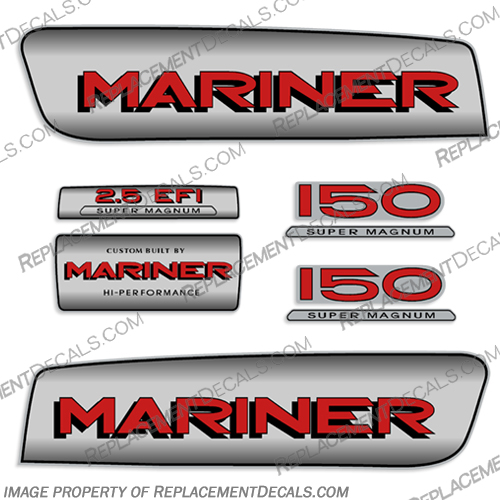 1998-2006 Mariner 150 2.5 Liter EFI Super Magnum Decal Kit - Custom Silver/Red mariner, 150, 2.5, hp, 150hp, 150 hp, efi, super, mangum, decals, boat, kit, stickers, custom, red, silver, 1998, 2006, hi-perfomance, built, alien, cowl, 