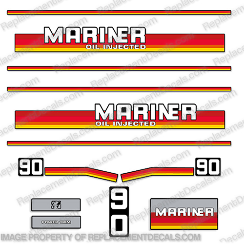 Mariner 90hp Decal Kit Oil Injected 1989 1990 90 hp, 90, mariner, 90hp, oil, injection, 1989, 89, 1990, injected, outboard, motor, engine, decal, sticker, kit, set