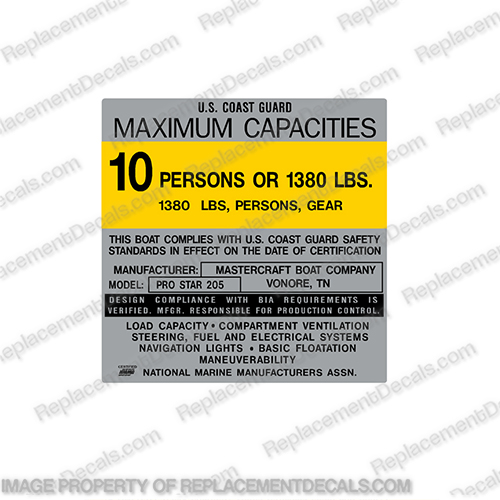 Mastercraft 205 Pro Star Capacity Decal - 10 Person  mastercraft, prostar, 205, boat, capacity, us, u.s., coast, guard, capacities, label, decal, sticker, for, master, craft, pro, star, boats