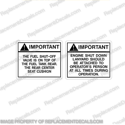 Mastercraft Important Fuel and Engine Shut off label Decals (set of two) mastercraft, prostar, 205, boat, capacity, us, u.s., coast, guard, capacities, label, decal, sticker, for, master, craft, pro, star, boats