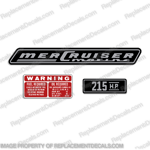 Mercury Mercruiser 215hp Inboard Motor Decals  mercury, mercruiser, 215, hp, inboard, boat, motor, engine, valve, cover, decal, sticker, kit, set, of, decals, 1970, 1971, 1972, 1973, 1974, 1975 , 1976, 1977