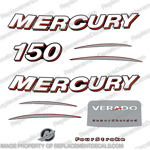 Mercury Verado Fourstroke 150hp Decal Kit - 2006 and up Curved  mercury, 150, hp, verado, fourstroke, 2006, 2007, 2008, 2009, outboard, motor, engine, decal, sticker, kit, set