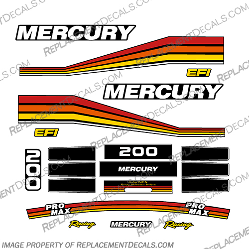 Mercury 200hp Racing Pro Max Decal Kit mercury, 200, pro, max, racing, outboard, motor, engine, decal, sticker, kit, set, 1994, 1995, 1996, 1997, promax,