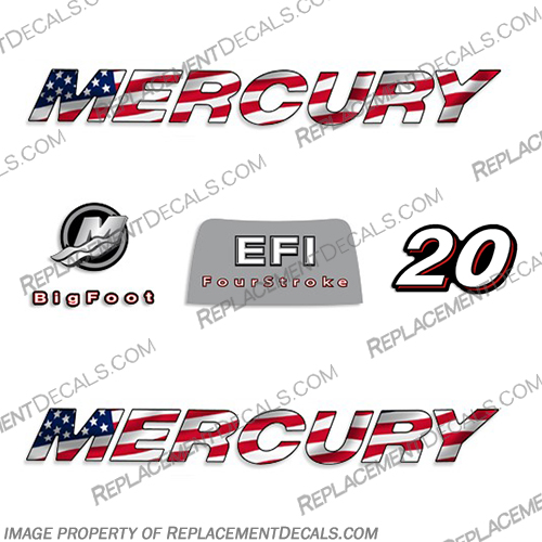 Mercury 20hp 4-Stroke EFI Decal Kit - 2006 FLAG 2006, mercury, 20, 20hp, 20 hp, straight, boat, decals, motor, engine, outboard, kit, American, America, Flag, 4-stroke, 4, stroke, four, EFI, 