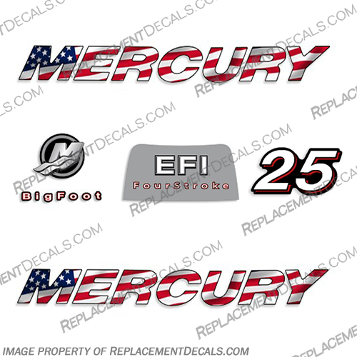 Mercury 25hp 4-Stroke EFI Decal Kit - 2006 FLAG 2006, mercury, 25, 25hp, 25 hp, straight, boat, decals, motor, engine, outboard, kit, American, America, Flag, 4-stroke, 4, stroke, four, EFI, 