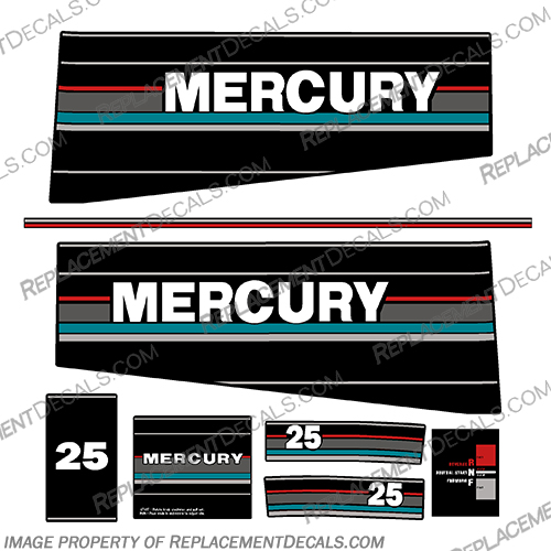 Mercury 25HP Outboard Engine Decals - 1989-1994 Teal Accent mercury, 25, 25hp, 25 hp, 1989, 1990, 1991, 1992, 1993, 1994, vintage, 89, 90, 91, 92, 93, 94, outboard, decals, stickers, kit, set, 1989-1994, teal,