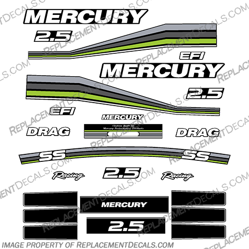 Mercury 260hp 2.5L Racing Partial Decals - Custom Green/Silver  mercury, 260, 2.5, custom, electric, green, silver, outboard, motor, engine, decal, sticker, kit, set