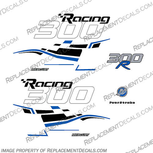 Mercury 300hp Verado Racing Decals - Black / Blue mercury, 300, 300r, racing, efi, salt, water, saltwater, custom, outboard, engine, motor, decal, sticker, kit, set, verado, black, models, engines, 6, cylinder, 2006, 2007, 2008, 2008, 2009, 2010, 2011, 2012, 2013, 2014, 2015, 2016, 2017, red, dual stripes, 