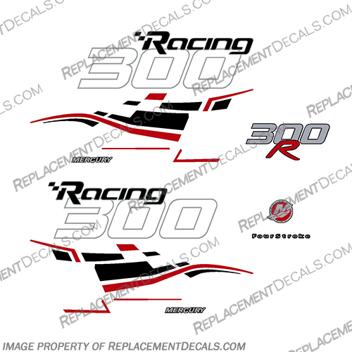Mercury 300hp Verado Racing Decals - Black / Red mercury, 300, 300r, racing, efi, salt, water, saltwater, custom, outboard, engine, motor, decal, sticker, kit, set, verado, black, models, engines, 6, cylinder, 2006, 2007, 2008, 2008, 2009, 2010, 2011, 2012, 2013, 2014, 2015, 2016, 2017, red, dual stripes, 