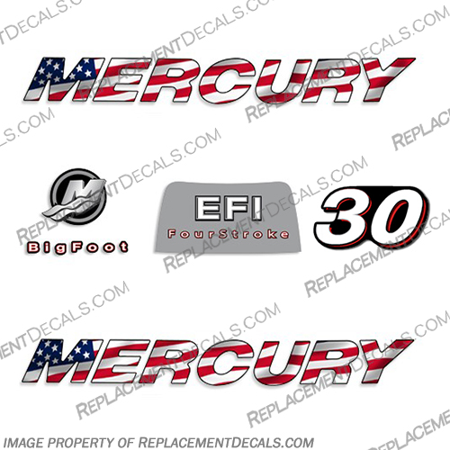 Mercury 30hp 4-Stroke EFI Decal Kit - 2006 FLAG 2006, mercury, 30, 30hp, 30 hp, straight, boat, decals, motor, engine, outboard, kit, American, America, Flag, 4-stroke, 4, stroke, four, EFI, 