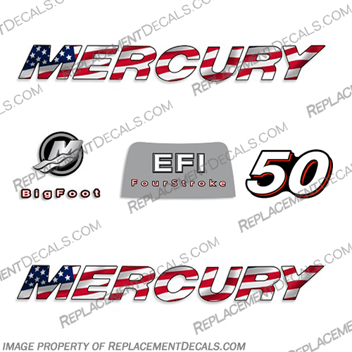 Mercury 50hp 4-Stroke EFI Decal Kit - 2006 FLAG 2006, mercury, 50, straight, boat, decals, motor, engine, outboard, kit, American, America, Flag, 4-stroke, 4, stroke, four, EFI, 