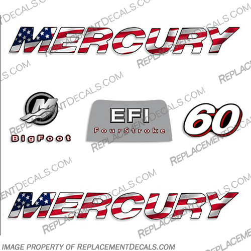 Mercury 60hp 4-Stroke EFI Decal Kit - 2006 FLAG Mercury, 60, 60hp, hp, 4, stroke, four, 4-stroke, fourstroke, EFI, bigfoot, EFI, Decal, Decals, Kit, 2006, 2000s, US, FLAG,
