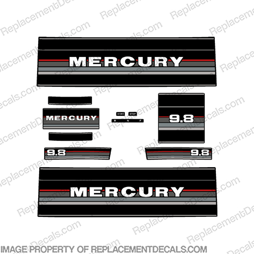 Mercury 1984 - 1985 9.8hp Grey/Red Outboard Decals  9.8, 110, stickers, operation, sticker, motor, 1984, 1985, 84, 85, 84, 85, 9hp, 9, engine, decal, outboard, mercury,grey, red, INCR10Aug2021