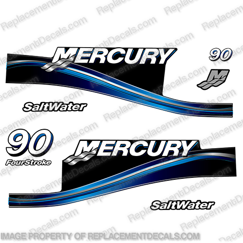 Mercury 90hp Four Stroke Saltwater Outboard Decals - 2005 (Blue)  merc, mercury, four, stroke, 4stroke, 4 stroke, 4, outboard, engine, motor, decal, sticker, kit, set, 90 hp, 90, 90hp, INCR10Aug2021
