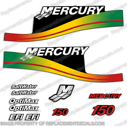 Mercury 150hp Decal Kit - Rasta Colors  mercury, decals, 150, hp, 1999, 2000, 2001, 2002, 2003, 2004, rasta, colors, stickers, decal, kit, set, optimax, saltwater, efi, 