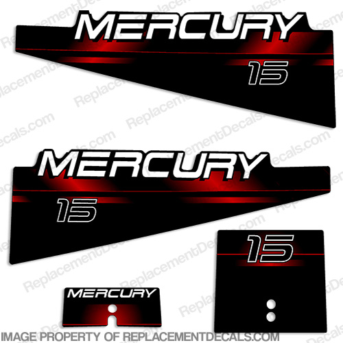 Mercury 15hp Red Decal Kit - 1994 - 1999 mercury, 1994, 1995, 1996, 1997, 1998, 1999, decal, decals, kit, set, stickers, outboard, motor, tiller, tilt, 15, 15hp, 15 hp, 