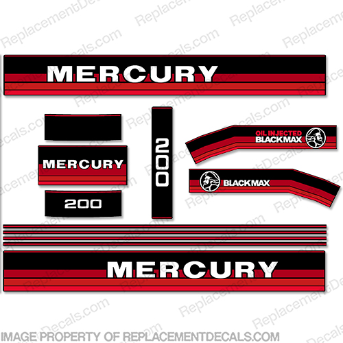 Mercury 1984-1985 200hp Outboard Decals (Red Tones) 84, 85, 200, 200 horse power, red, red tones, redtones, INCR10Aug2021