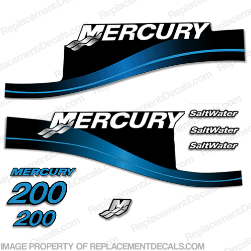 1999-04 Mercury 175HP Blue Decals EFI OptiMax Saltwater 15pc Repro Outboard 2004 