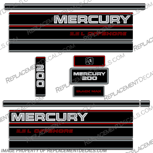 Mercury 200hp 2.5L Offshore BlackMax Decal Kit - 1995  mercury, decals, 200, hp, blackmax ,carbureted, 1995, offshore, 2.5, 