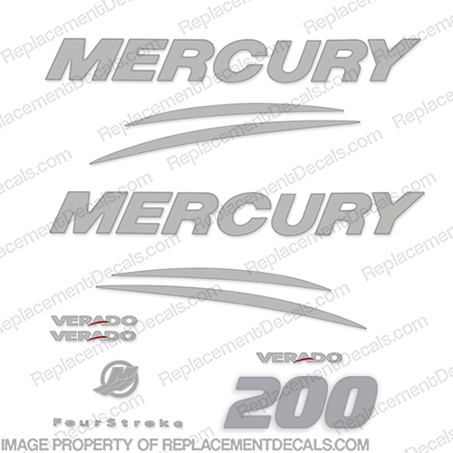 Mercury Verado 200hp Decal Kit - Chrome/Silver  200, 200hp, chrome, silver, hp, outboard motor, tiller, engine, decal, sticker, kit, set, INCR10Aug2021