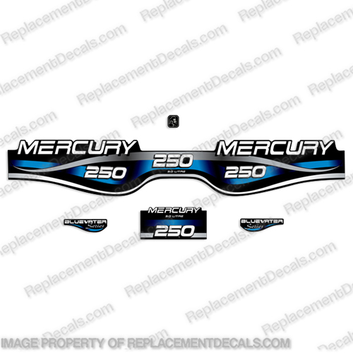 Mercury 250hp 3.0L Bluewater Series Decal Kit (Blue)  merc, mercury, blue, water, 3l, 250, 3.0l, 3.0, liter, 2.5, 2l, outboard, engine, motor, decal, sticker, kit, set, decals, mercury, 150, 150 hp, horsepower, 150hp, 1998, 1999, 2000, 2001, 2002, 2003, 2004, 2005, 2006, 2007, 2008, 2009, 2010, electronic, fuel, injection, INCR10Aug2021