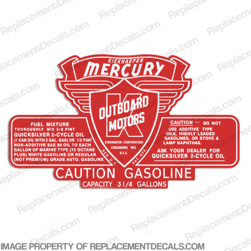 Mercury Kiekhaefer 1953-1956 3.25 Gallon Gas Tank Decal INCR10Aug2021