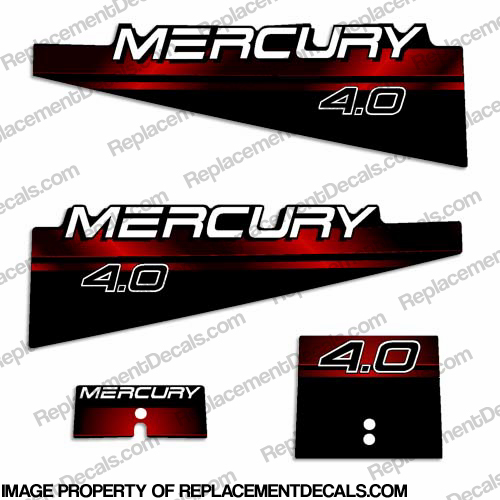 Mercury 4.0hp Decal Kit - 1994 - 1999 mercury, 4, 4.0, 4.0hp, 4hp, red, decal, decals, kit, set, stickers, 1994, 1995, 1996, 1997, 1998, 1999, outboard,
