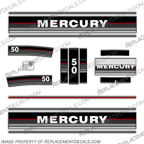 Mercury 50HP 1986 1987 1988 Outboard Engine Decals Mercury, 50, 50hp, hp, horsepower, horse, power, 1986, 1987, 1988, outboard, engine, decal, decals, set,