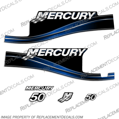 Mercury 50hp 2 Stroke Decal Kit (Blue) 2005 - 2009 with Oil Window 50 hp, 2 stroke, 2005, 2006, 2007, 2008, 2009, oil window, 2-stroke, 05, 06, 07, 08, 09, INCR10Aug2021