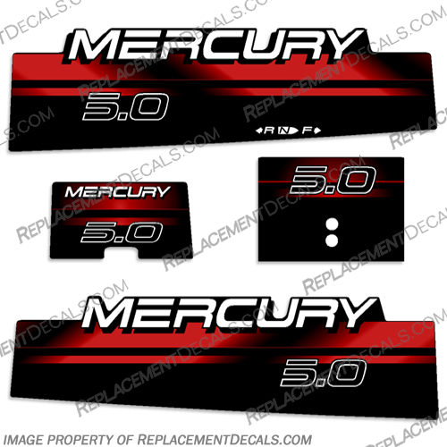 Mercury 5hp Decals - Red 1996-1998  big, foot, big foot, big-foot, 1991, 1992, 1993,1994, 1995, 1996, 1997, 1998, 1999, 5, merc, mercury, outboard, decal, sticker, kit, set, engine, motor, 5.0, 5hp, 5 hp, 5.0 hp, 5.0hp, 