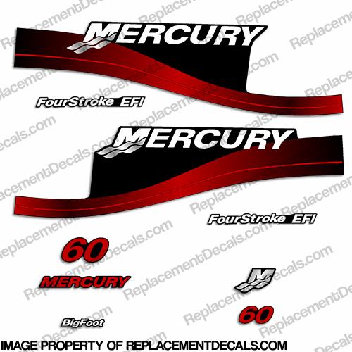 Mercury 60hp FourStroke EFI Decals (Red) 1999 - 2004 Mercury, 60, 60hp, 60 hp, FourStroke, Four Stroke, 4 stroke, 4stroke, 4-stroke, EFI, Decal, Decals,Red, Blue Tan, Camo, Camouflage, Camoflage, 1999, 2000, 2001, 2002, 2003, 2004