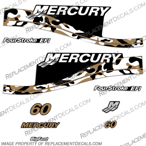 Mercury 60hp FourStroke EFI Decals (Tan Camouflage) 1999 - 2004 Mercury, 60, 60hp, 60 hp, FourStroke, Four Stroke, 4 stroke, 4stroke, 4-stroke, EFI, Decal, Decals,Red, Blue Tan, Camo, Camouflage, Camoflage, 1999, 2000, 2001, 2002, 2003, 2004