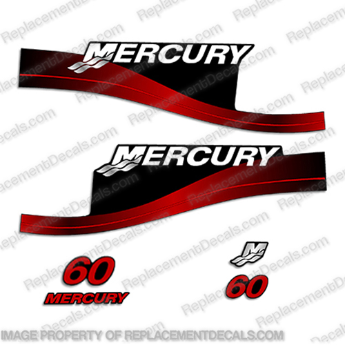 Mercury 60hp Decals (Red) -  Early 2000  mercury, decals, 60, hp, twostroke, 2000, red, decal, set, kit
