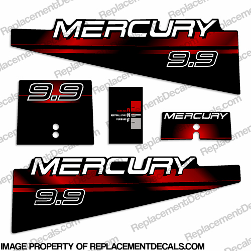 Mercury 9.9hp Decal Kit - 1994 - 1999 (Red) 9.9 hp, 9hp, 9 hp, 9.9, 9, 1995, 1996, 1997, 95, 96, 97, 98, 94, 99, mercury, decals, kit, stickers, set, outboard, red, 