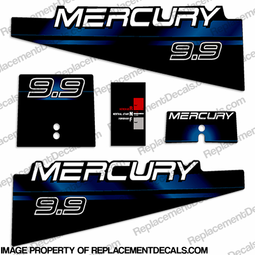 Mercury 9.9hp Decal Kit - 1994 - 1999 (Blue) 9.9hp, 9.9 hp, 9.9 horsepower, 9.9, 95, 96, 97, 1995, 1996, 1997, 94, 98, 99, mercury, decal, decals, kit, stickers, set, outboard, blue,
