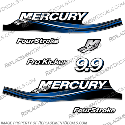 Mercury 9.9hp FourStroke Pro Kicker Decal Kit - 2005 Style (Blue) mercury, 9.9, 9.9 hp, horsepower, 9.9hp, 2005, 2006, 2007, 2008, 2009, 2010, electronic, fuel, injection, four, stroke, outboard, engine, motor, decal, kit, set, pro, kicker, FourStroke, 4-Stroke, 4Stroke, Blue