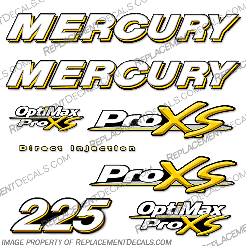 Mercury 225hp ProXS Decal Kit - Yellow pro xs, optimax proxs, optimax pro xs, optimax pro-xs, pro-xs, 225 hp, mercury, 225, hp, horsepower, horse, power, Pro, XS, Decal, Decals, Kit, Yellow