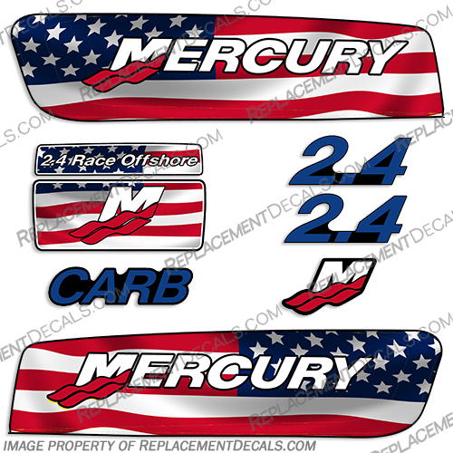 Mercury 2.4 Liter Carb Racing Flag Decal Kit  mercury, decals, racing, carb, alien, 2.4, custom, american .flag, alien, cowl, decal, kit, set