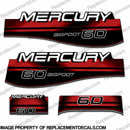 Mercury 60hp Bigfoot Decals - Red big, foot, big foot, big-foot. 60, 1991, 1992, 1993,1994, 1995, 1996, 1997, 1998, 1999, merc, mercury, outboard, decal, sticker, kit, set, engine, motor, INCR10Aug2021
