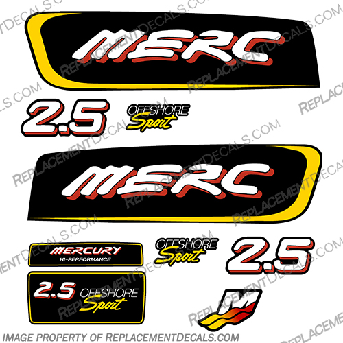 Mercury 2.5 Liter Offshore Sport Decal Kit - Red/Yellow Mercury, 2.5, Liter, Litre, 2.5L, 2.5 L, Offshore, Sport, Off shore, decal, Decals, kit, red, yellow, Red/Yellow, Yellow/Red, Red / Yellow, Yellow / Red