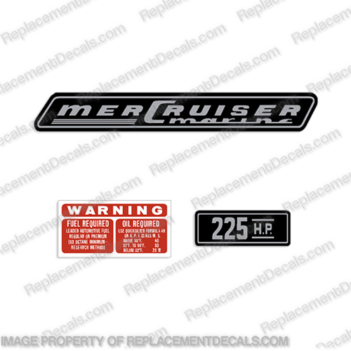Mercury Mercruiser 225hp Inboard Motor Decals  mercury, mercruiser, 225, hp, inboard, boat, motor, engine, valve, cover, decal, sticker, kit, set, of, decals, 1970, 1971, 1972, 1973, 1974, 1975 , 1976, 1977