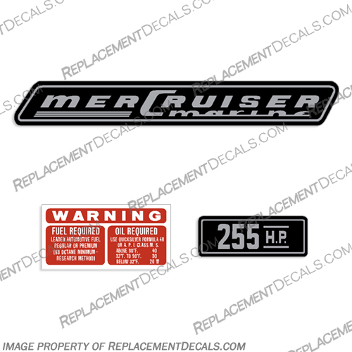 Mercury Mercruiser 255hp Inboard Motor Decals mercury, mercruiser, 255, hp, inboard, boat, motor, engine, valve, cover, decal, sticker, kit, set, of, decals, 1970, 1971, 1972, 1973, 1974, 1975 , 1976, 1977