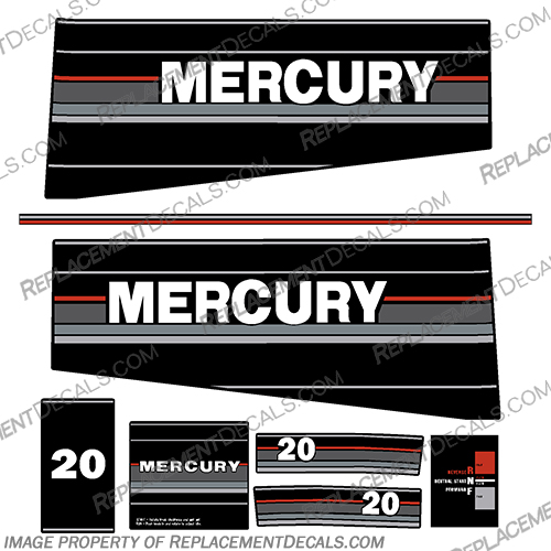 Mercury 20HP Outboard Engine Decals -  1989 1990 mercury, 20, 20hp, 20 hp, 1989, 89, 1990, 90, vintage, outboard, decal, kit, decals, set, stickers, motor, engine, boat, 