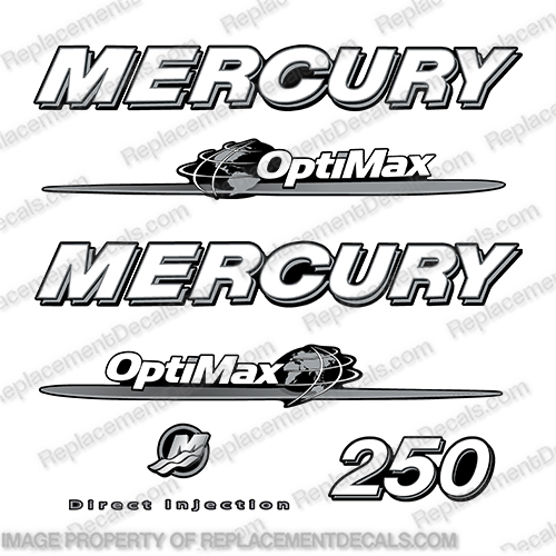 Mercury 250hp "Optimax" Decals - 2007-2012 Custom Silver / White mercury, optimax, 250, hp, outboard, motor, engine, decal, sticker, kit, set, 2007, 2008, 2009, 2010, 2011, 2012 ,silver, black, white