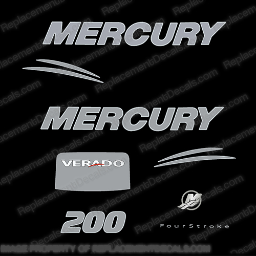 Mercury 200hp Verado Fourstroke Decal Kit - Chrome/Silver 2008-2011 mercury, 200, verado, chrome, silver, decals, sticker, kit, set, decal, hp, 200hp, 2008, 2009, 2010, 2011, 2012