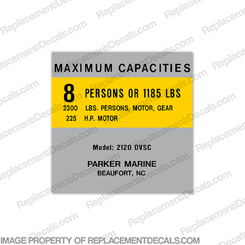Parker Marine 2120 DVSC Capacity Decal - 8 Person  capacity, plate, sticker, decal, parker, marine, 2120, DVSC, 8, person, boat, coast, guard, safety, plate, INCR10Aug2021