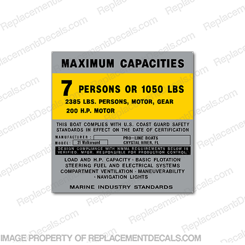 Proline 21 Walk Around Capacity Decal - 7 person  boat, logo, decal, capacity, plate, sticker, decal, regulation, coast, guard, warning, fuel, gas, diesel, safety, INCR10Aug2021