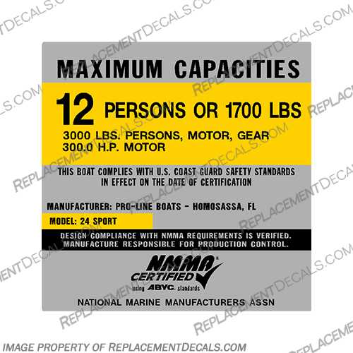 Pro-Line 24 Sport Boat Capacity Decal - 12 Person capacity, plate, sticker, decal, Sport, boat, person, persons, pro, line, proline, pro-line, 24, 12, person, people,
